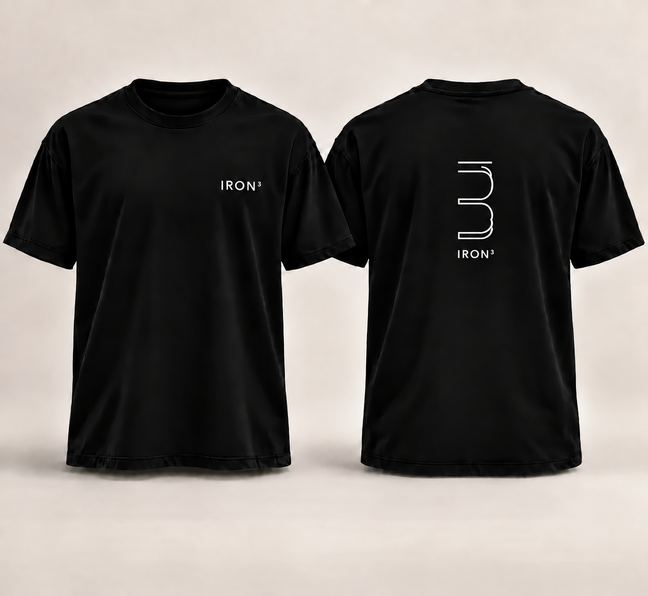 Solid black IRON³ tee with white print, front and back